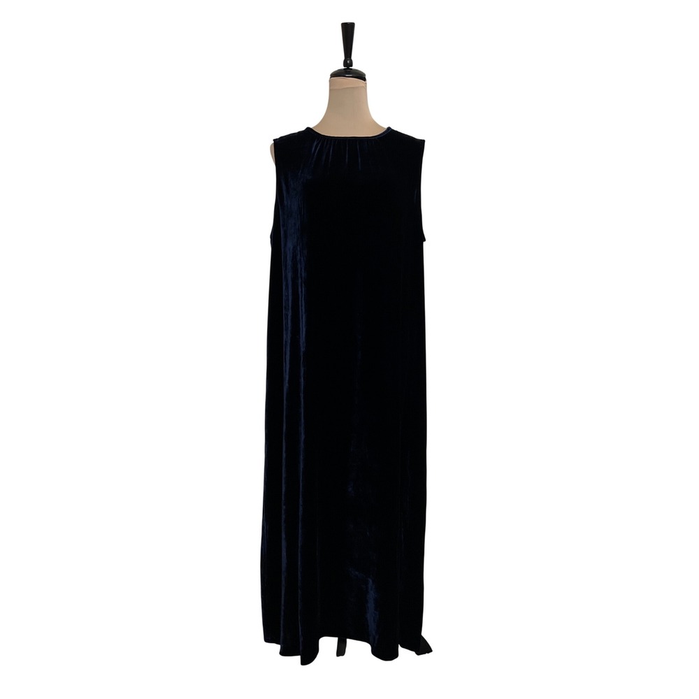 Eileen Fisher Navy Blue Silk Blend Velvet Sleeveless Maxi Shift Dress Large